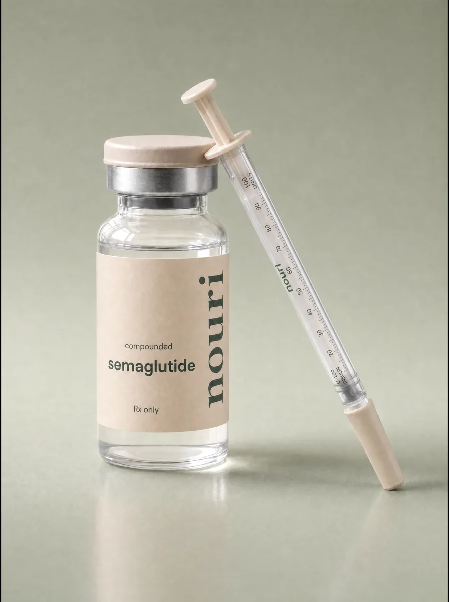 A nouri vial of compounded semaglutide, Rx only, leaning against a nouri insulin syringe on a soft sage-green surface.