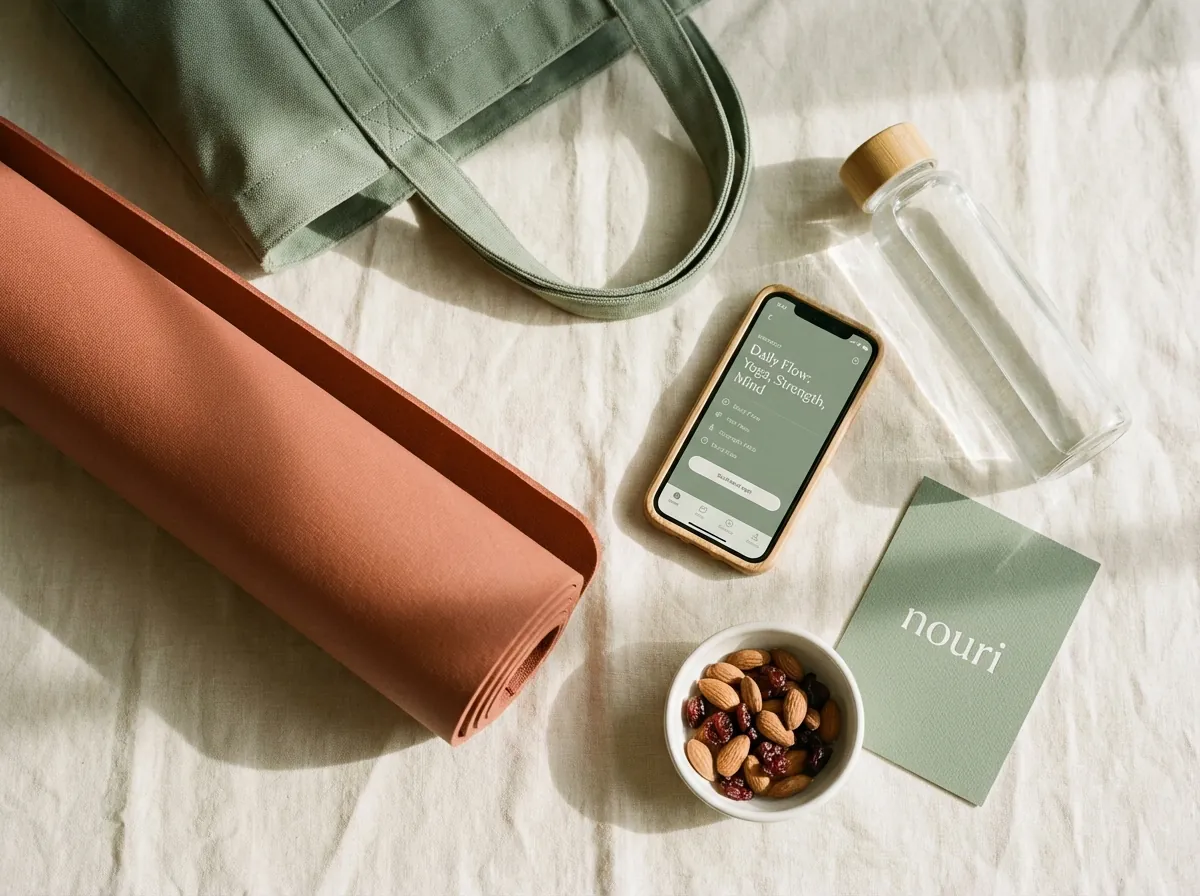 nouri lifestyle kit — purple gym bag with yoga mat, water bottle, phone showing workout plan, healthy snacks, and nouri card