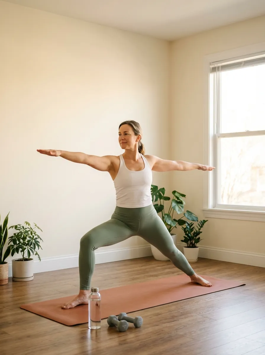Person doing a bodyweight exercise at home in morning light