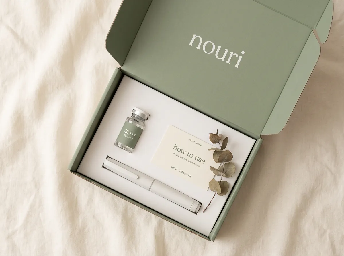 nouri product — GLP-1 vials, branded box, patient instruction card, and syringe